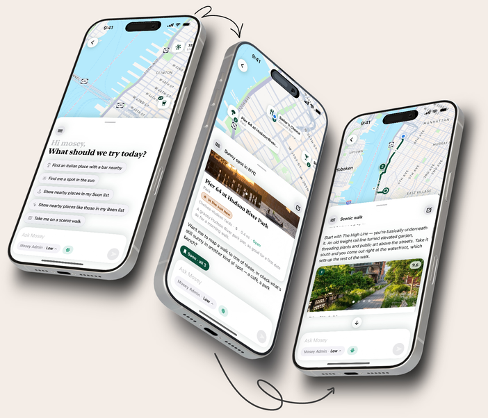 Mosey AI in the app: the starter questions, a sunny-spot answer with Pier 64 marked in the sun now, and a scenic walk with the High Line