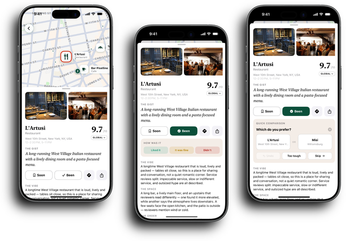 Rating L'Artusi in three steps: the place on the map, Liked it / It was fine / Didn't, then a quick comparison — L'Artusi or Misi?