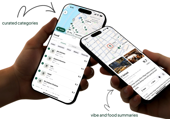 Two phones in hand: the Food category with cuisine filters and Mosey scores down the list, and the L\'Artusi sheet with its 9.7 and a plain-English summary