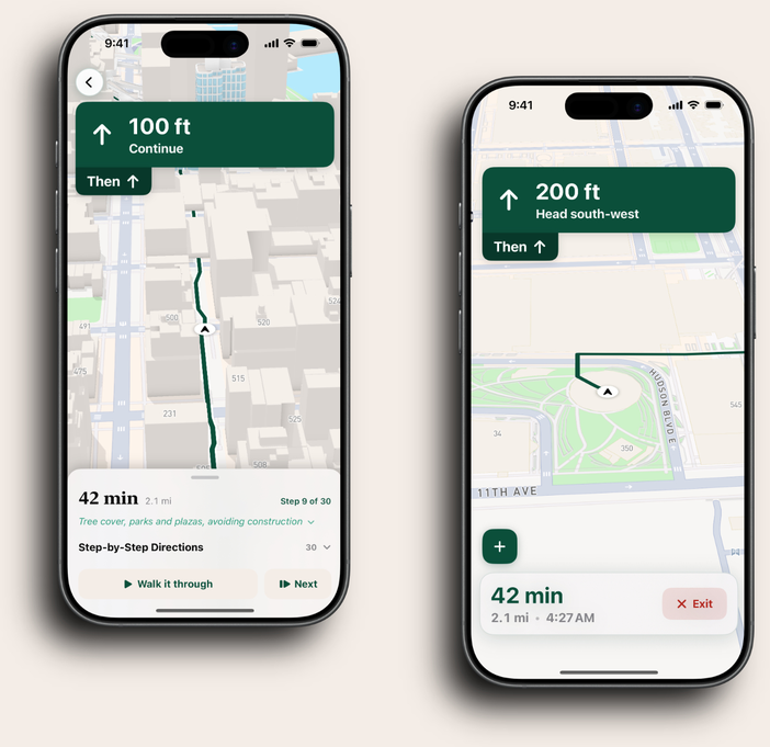 Two phones: the 3D route preview walking down 10th Avenue between the buildings, and turn-by-turn navigation at the Vessel — 200 ft, head south-west, 42 minutes to go